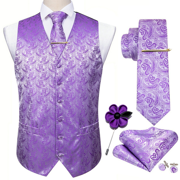 Barry.Wang Mens Suit Vest Violet Purple Silk Paisley Waistcoat Tie Clip
