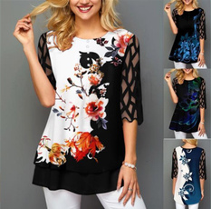 blouse, Plus Size, Floral print, Necks