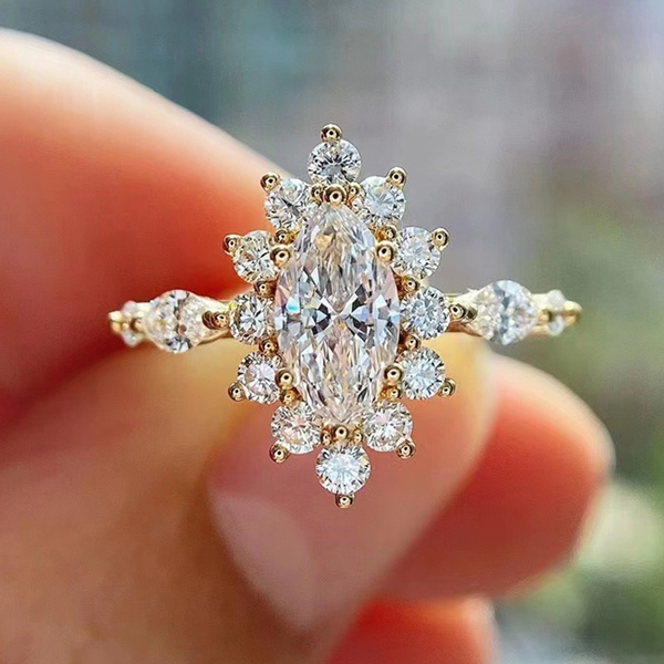 Gold Color Jewelry Shiny Rings for Women Bride Wedding Engagement Party Anniversary