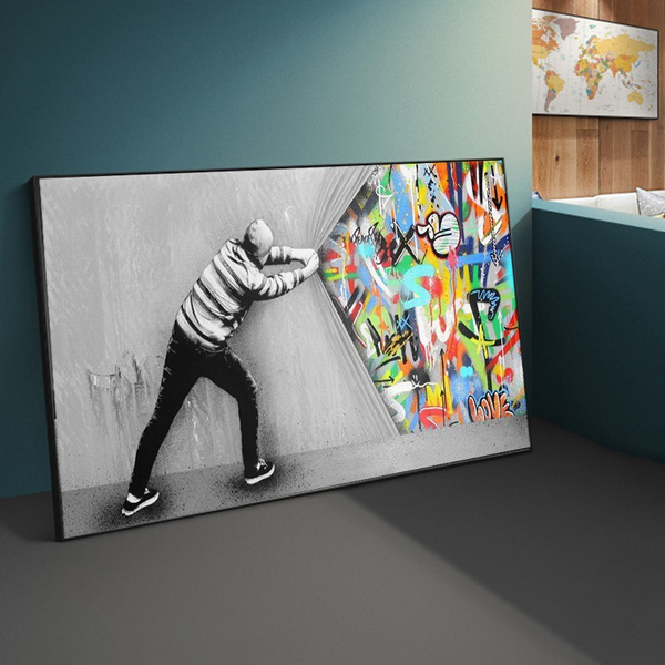 GEMMII Leinwanddruck Banksy „Behind The Curtain“ – 70x140 Cm, Rahmenlos
