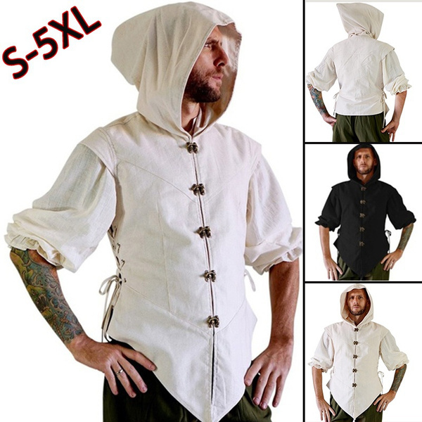 Vintage Men's Long Sleeve Hooded Tunic Shirt Solid Color Medieval Grab ...