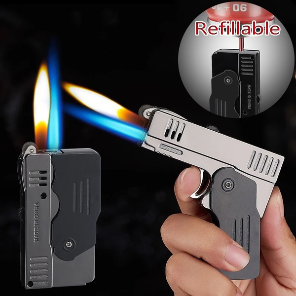 Metal Double Fire Deformation Pistol Butane Gas Lighter Free Fire Jet ...