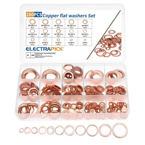 12 Sizes 280Pcs O-Ring Copper Washers Set Flat Ring Seal Copper Gasket ...