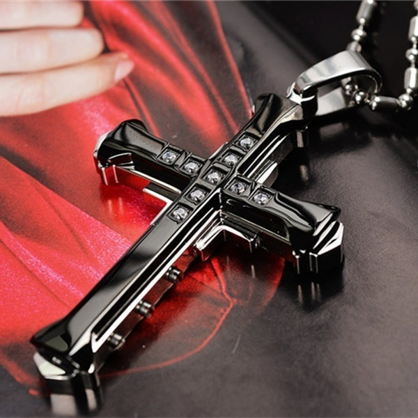 Luxury Fashion Men's Diamond Cross Necklace Stainless Steel Jesus Cross ...