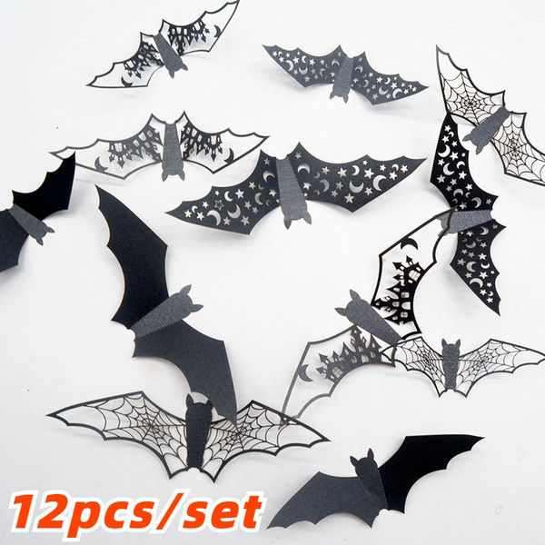 12Pcs Halloween 3D Hollow Bat Wall Stickers Black Bat Sticker Room Decor Party DIY Decals