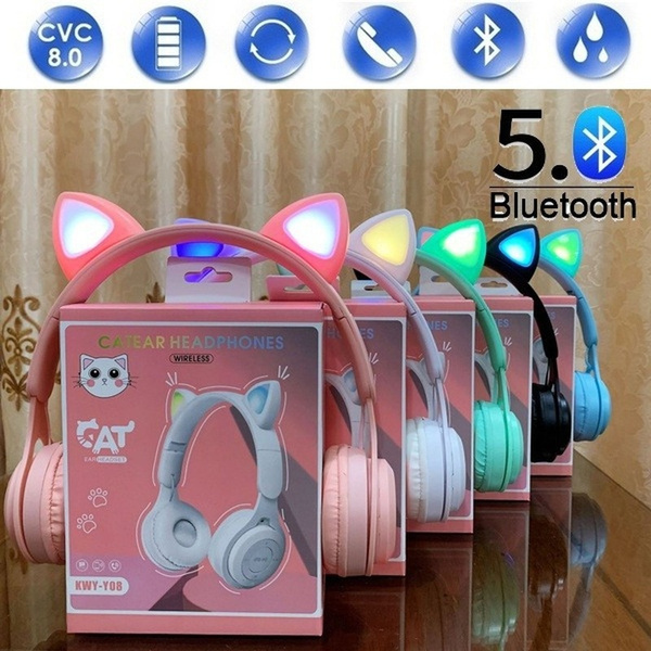 2022 Upgrade Flash Light Cute Cat Ears P47M Wireless Headphone with Mic