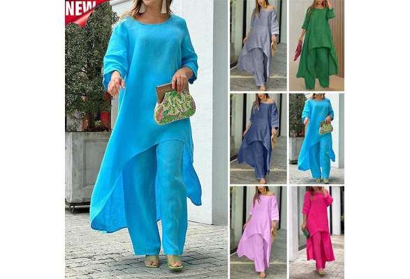 Women's Cotton Linen Irregular Long Sleeve Wide Leg Trousers Two-Piece Set