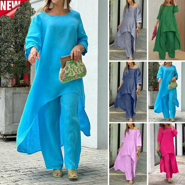 New Women`s 2 Piece Set Vintage Fashion Irregular Long Sleeve and Wide Leg  Pants 2 Piece Set Casual Loose Women Solid Colors Suit
