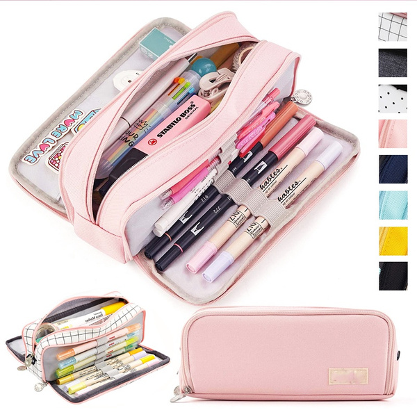 Large Pencil Case Big Capacity 3 Compartments Canvas Pencil Pouch For 