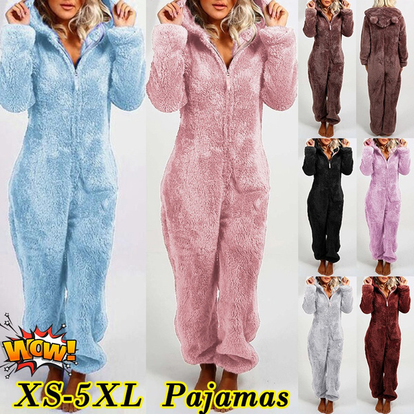 Women's Fashion Long Sleeve Hooded Faux Fur Pajamas Jumpsuit Winter ...