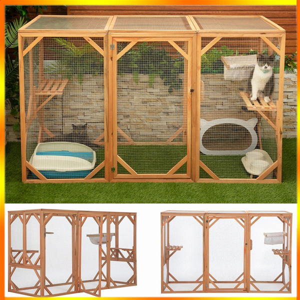 Large Cat Cage, Wooden Cat Catio Enclosure with Solar Flat Roof ...