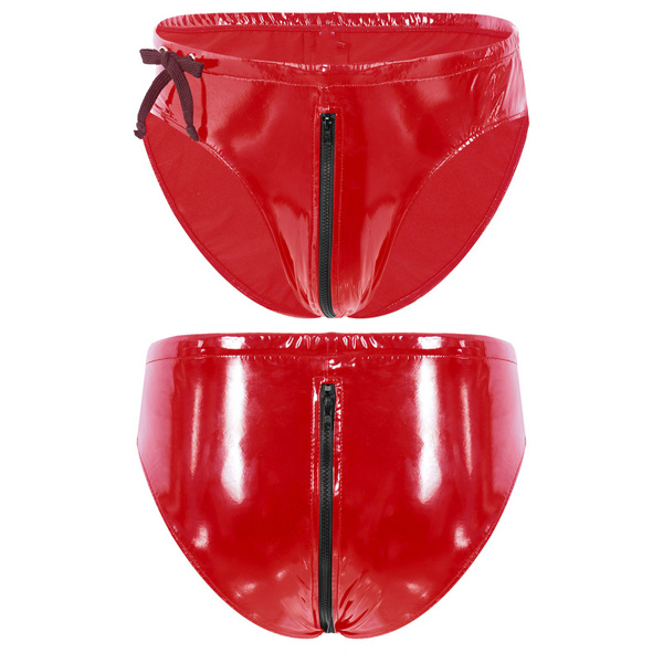 Men's Metallic Faux Leather Zip Up Bikini Underwear Athletic Supporter