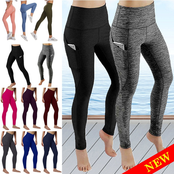 Outdoor Women Solid Sportswear with Pocket Women Tights Side Phone Pocket  Yoga Pants High Waist Stretch Gym Exercise Running Fitness Leggings