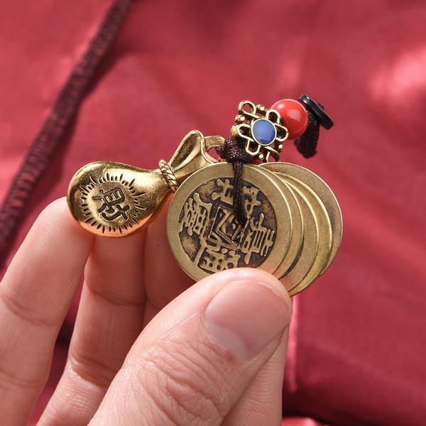 Chinese Brass Money Bag Keychains Feng Shui Coins Money Bag Decorations