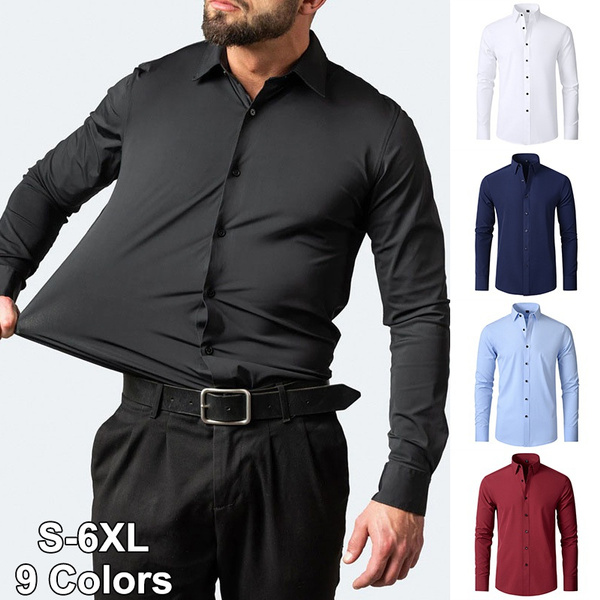 New Stretch Men's Long Sleeve Shirt Fashion Lapel Button Business