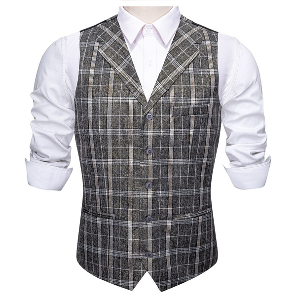 Barry.Wang Mens Plaid Suit Vest Tweed Suit Collar Single Breasted Check ...