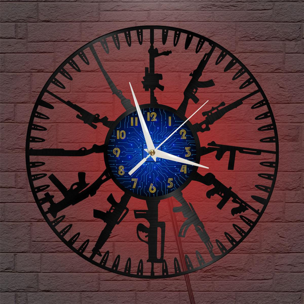 Weapon Firearms Gun 2 Vinyl Wall Clock, Vinyl Record Clock Wall Art Black 12 Inch for Living