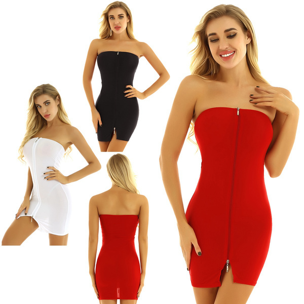 Women Sexy Strapless Tube Solid Color Bodycon Tights Wrap T Shirt Mini  Short Dress