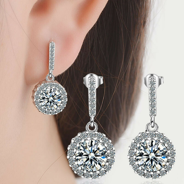 Bridal Wedding Dangle Earrings for Women Silver Plated Moissanite Lab