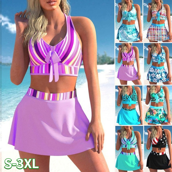 2022 Plus Size Summer NewStyle Two Piece Bikini Fashion Print Short Skirt Split Swimsuit Women