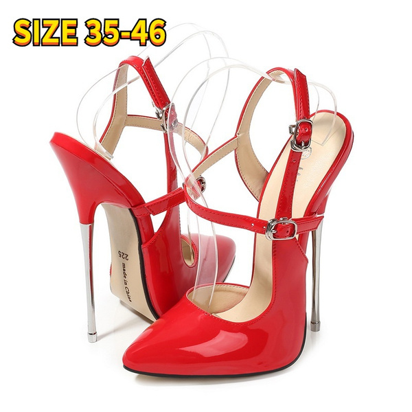 Patent Leather Pointed Toe Women's High Heel Shoes, Open Back With Buckle Strap