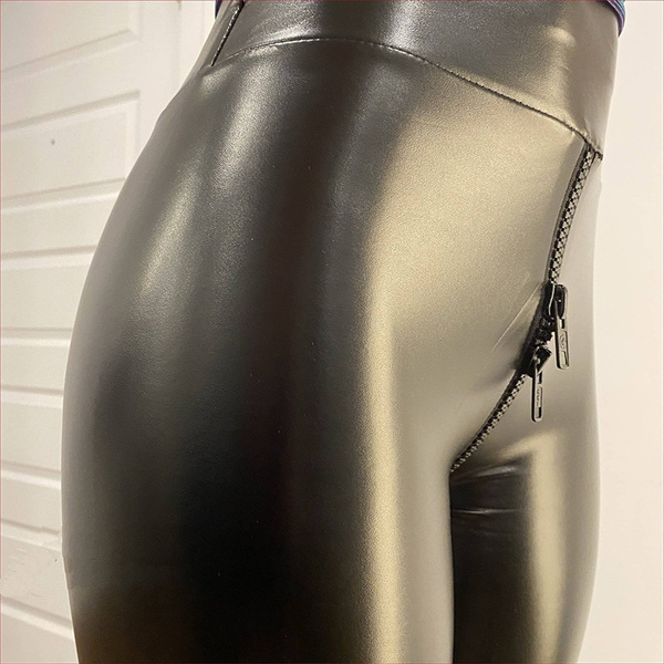 Elastic High Waist Faux Leather Pants Women Sexy Crotch Double