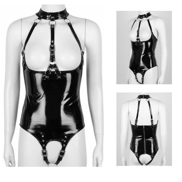 Plus Size Women Wetlook Patent Leather Jumpsuit Crotchless Leotard