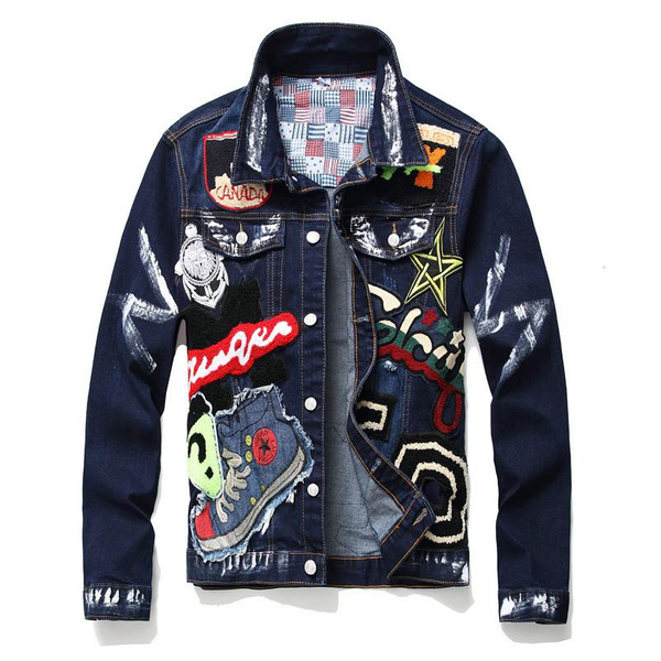 New Men Slim Denim Jacket Badge Paint Denim Jacket Wish