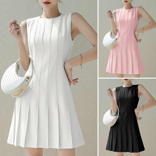 Solid Pleated Dress Elegant Boat Neck Short Sleeve Party - Temu