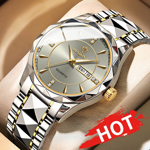 BINBOND Men's Fashion Quartz Watches Ultra Thin Diamond Stainless Steel  Watch Waterproof Luminous Wrist Watch