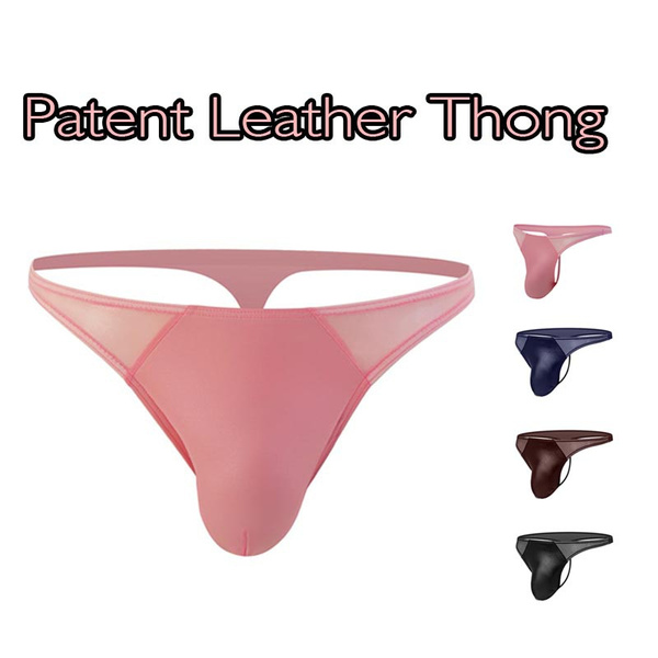 Mens Sexy Patent Leather Briefs Thong Transparent Mesh Performance G-string Thong Gay Underwear