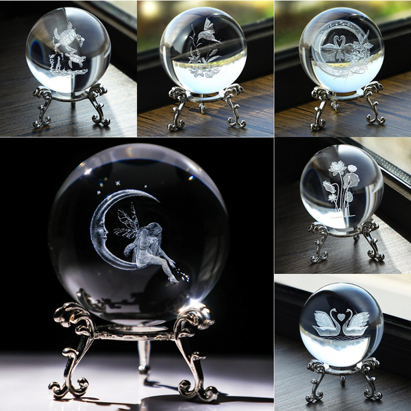60mm(2.3inch) Moon & Fairy Crystal Ball Paperweight 3D Laser Engraved ...