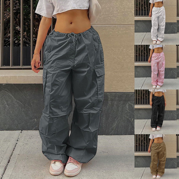 Women Solid Color Cargo Pants Loose Casual Trousers Multi-pocket Sp
