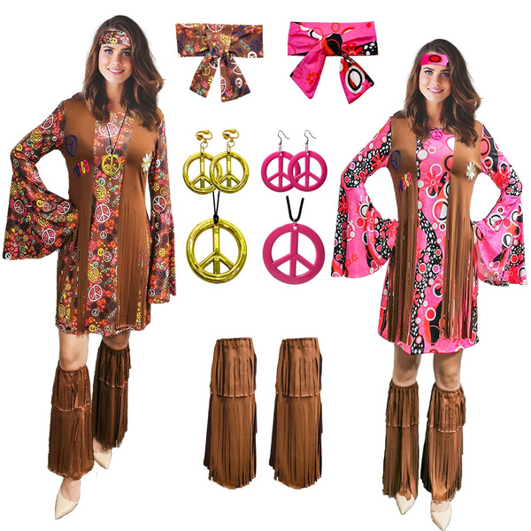 5pcs set Women 60s 70s Hippie Costume Outfits Hippy Clothes Disco Dress  Adult Costume for Halloween Christmas Xmas Gift
