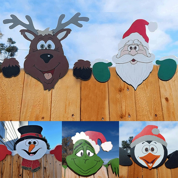 Wooden Santa Claus Fence Peekers Christmas Yard Art Fence Peeker Funny ...