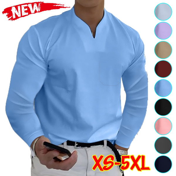 Plus Size Fashion Men's Long Sleeve TShirts Classic Solid Color with Pocket Pullover Tops
