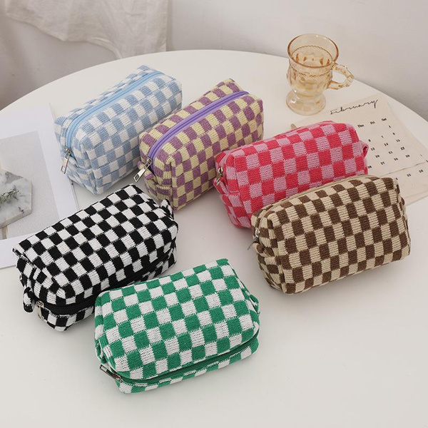 Fashion Checkerboard Knitted Pencil Cases Large Capacity Lattice Makeup ...