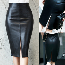 high waist, leather, Skirts, leather skirt