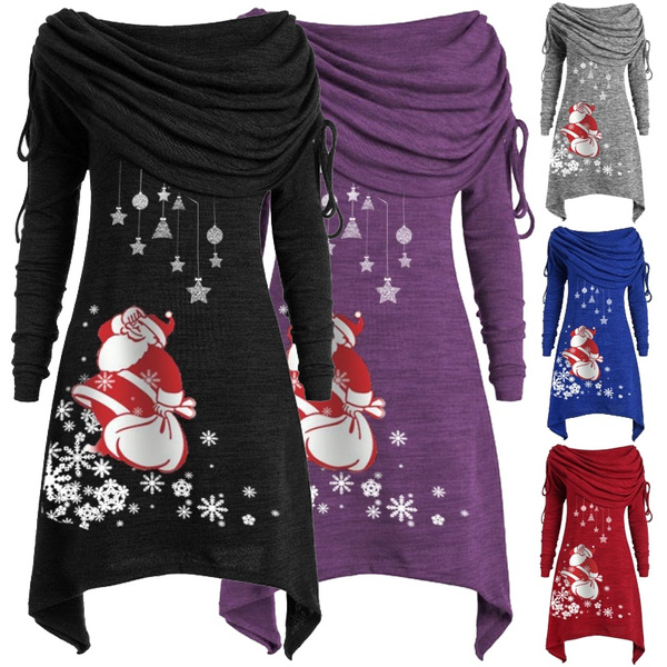 Women's Christmas Dress Fashion Foldover Collar Ruched Irregular Hem Long Tops Casual Long