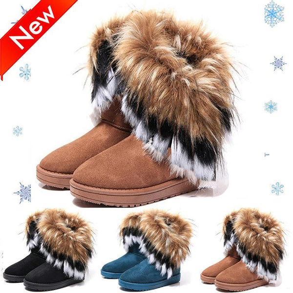 New Women's Fluffy Fur Warm Winter Boots Flat Heel Antislip Snow Boots