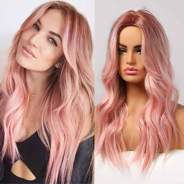 New Synthetic Pink Color Long Wave Wigs For Women Natural Heat