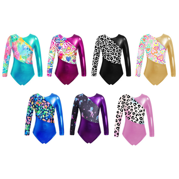 Kids Girls Shiny Metallic Gymnastics Leotards Cartoon Horse Print ...