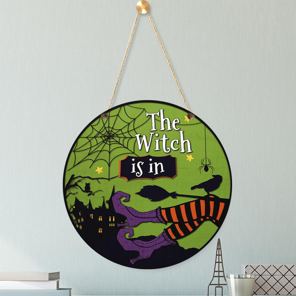 Halloween Door Hanger Halloween Decor The Witch Is In Wood Round Sign Halloween Signs Front Door