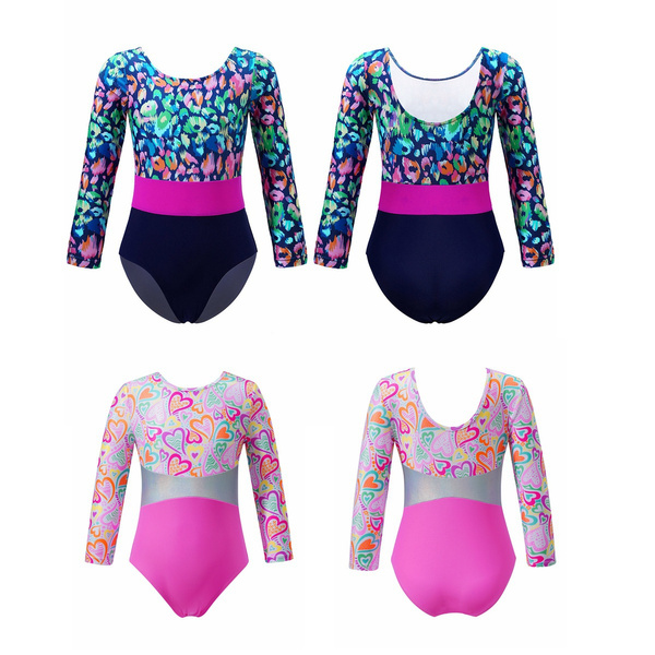 Kids Girls Gymnastics Jumpsuit Heart Printing Long Sleeves Ballet Dance ...