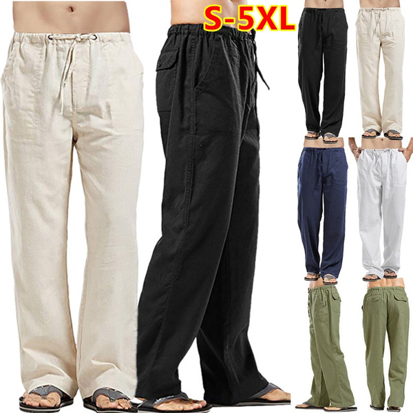 Men Solid Color Linen Pants Multi-Pocket Straight Casual Pants Large ...