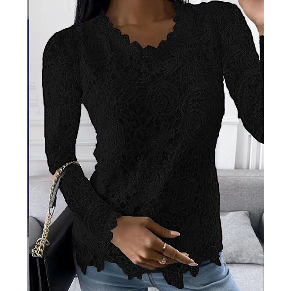 Fashion Women's Lace Round Neck Tops Long Sleeved Shirts Solid Color ...