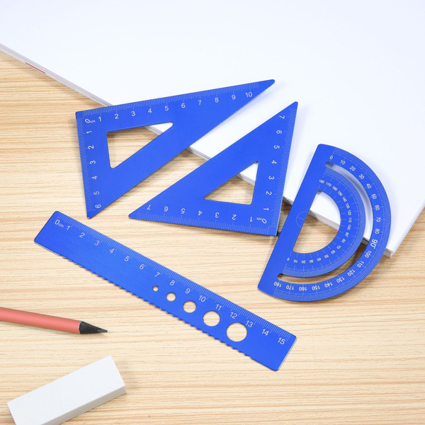 4Pcs/Set Aluminium Ruler Set Metal Geometry Maths Drawing Compass