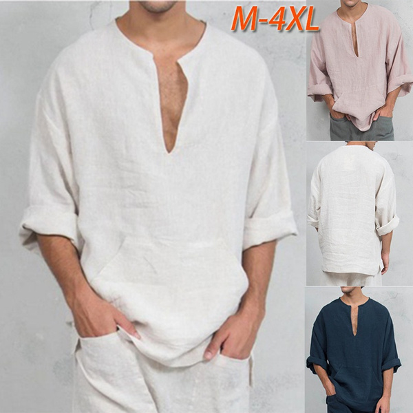 New Men's Shirt Casual Linen Loose Collarless V-neck Long-sleeved Shirt ...