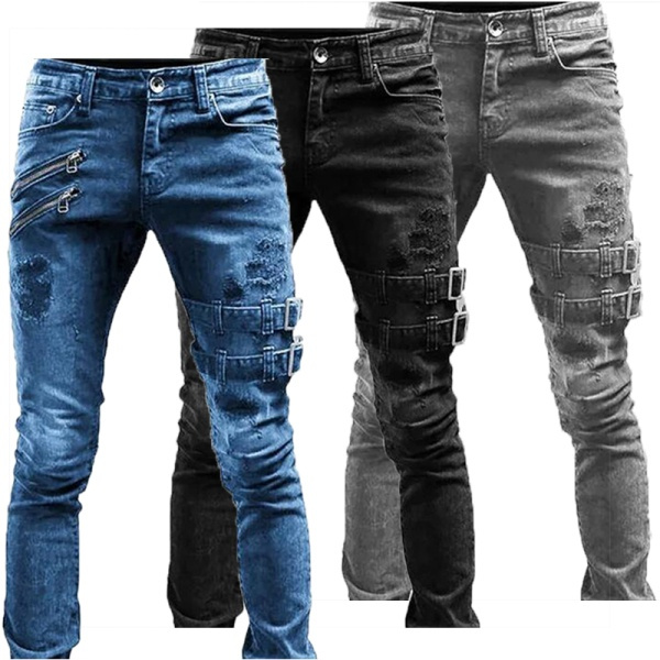 Men's Distressed Moto Biker Jeans Ripped Punk Gothic Zipper Denim Pants Hip  Hop Tapered Leg Slim Fit Jean