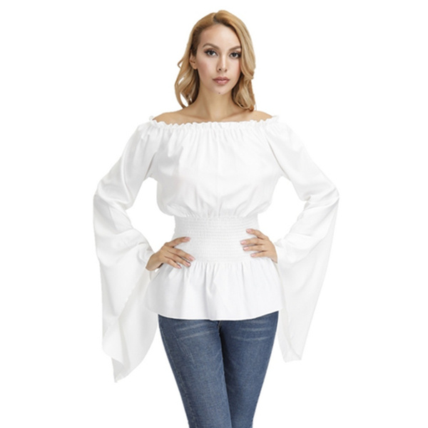 Womens Long Sleeve Off The Shoulder Tops Renaissance Pirate Shirt Gothic Peasant Blouse Summer 4851